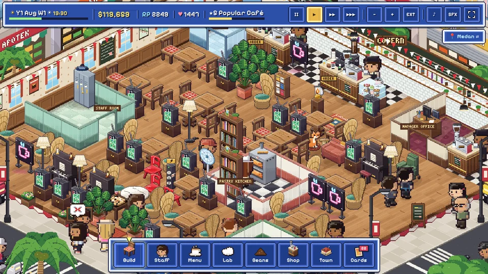 A busy pixel café in Covern Café Story